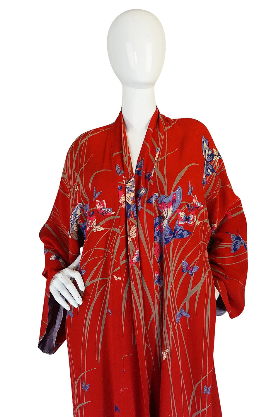 1970s Hanae Mori Red Silk Butterfly Print Kimono