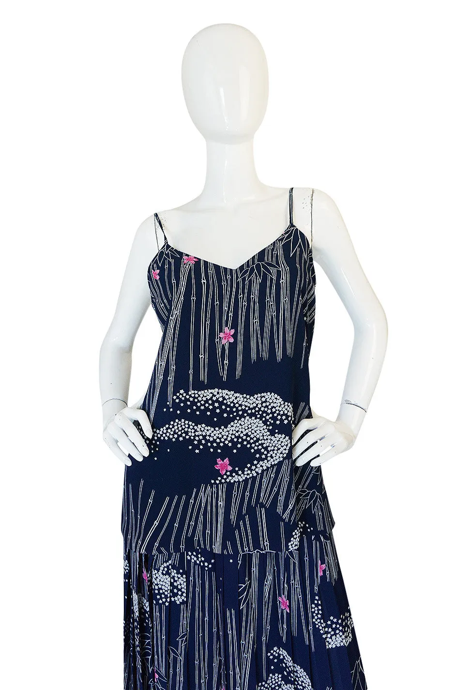 1970s Hanae Mori Slk Bamboo & Flower Print Skirt & Top