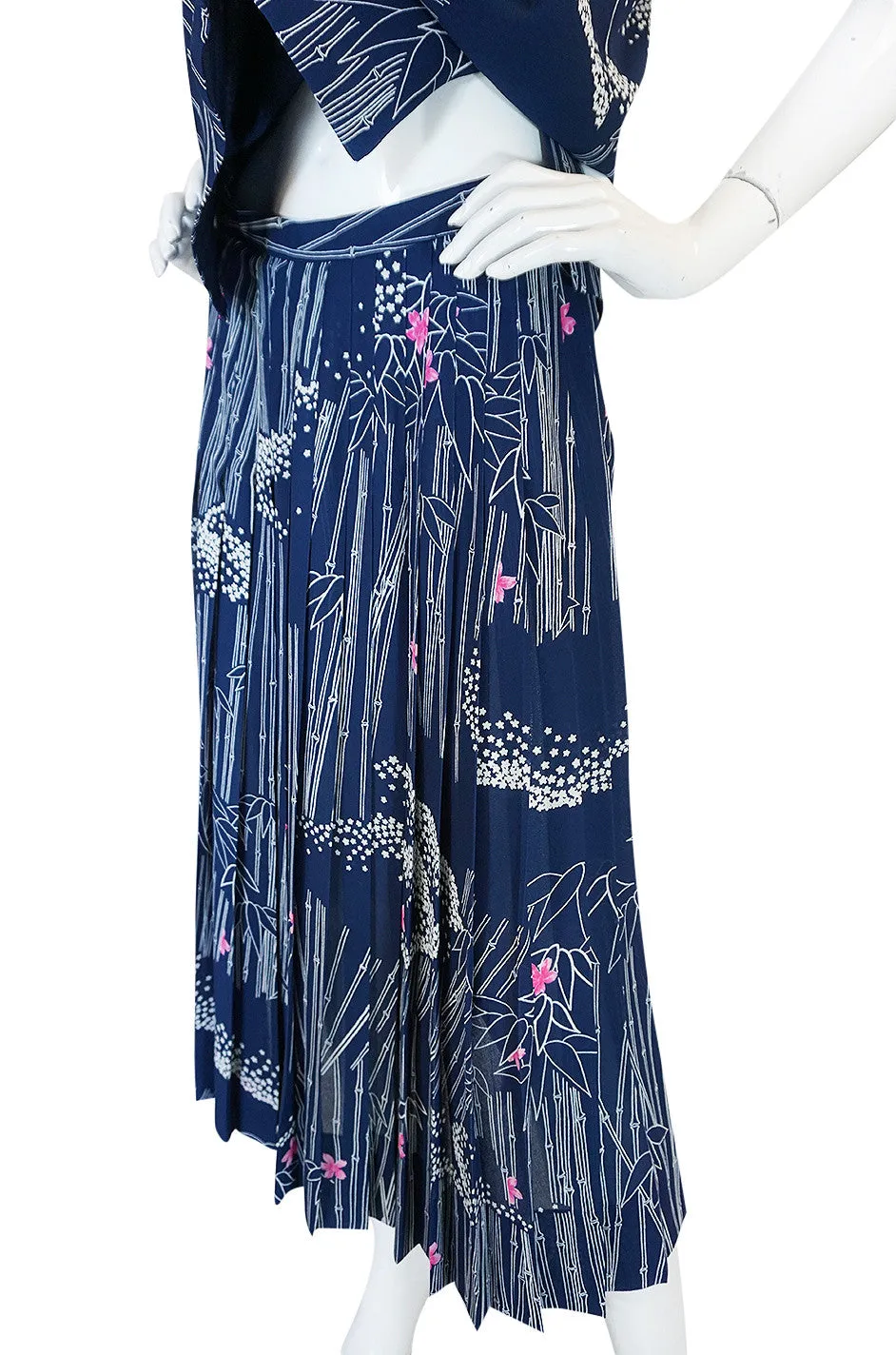 1970s Hanae Mori Slk Bamboo & Flower Print Skirt & Top