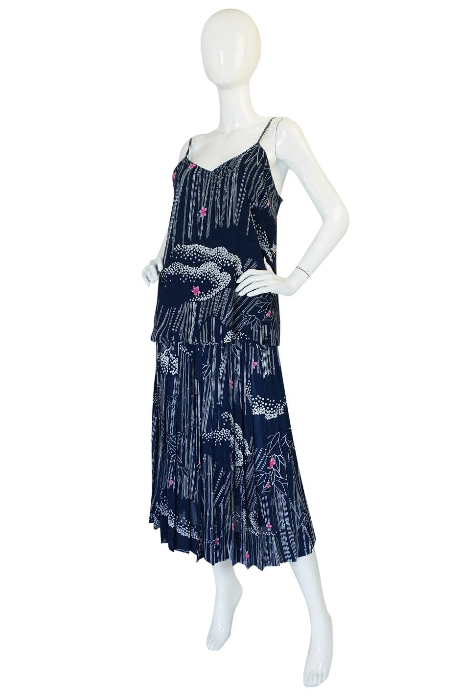 1970s Hanae Mori Slk Bamboo & Flower Print Skirt & Top