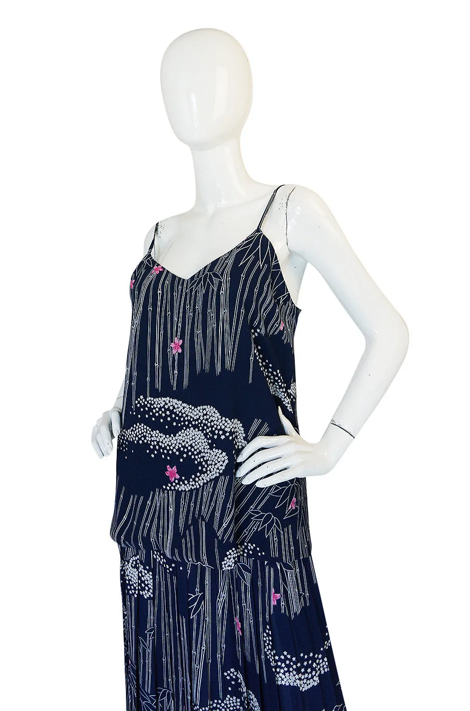 1970s Hanae Mori Slk Bamboo & Flower Print Skirt & Top