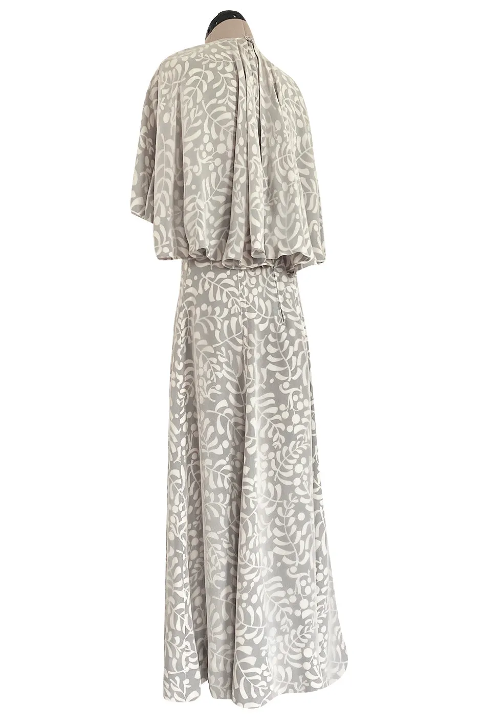 1970s James Galanos Soft Pale Grey & White Floral Print Silk & Silk Chiffon Caped Dress