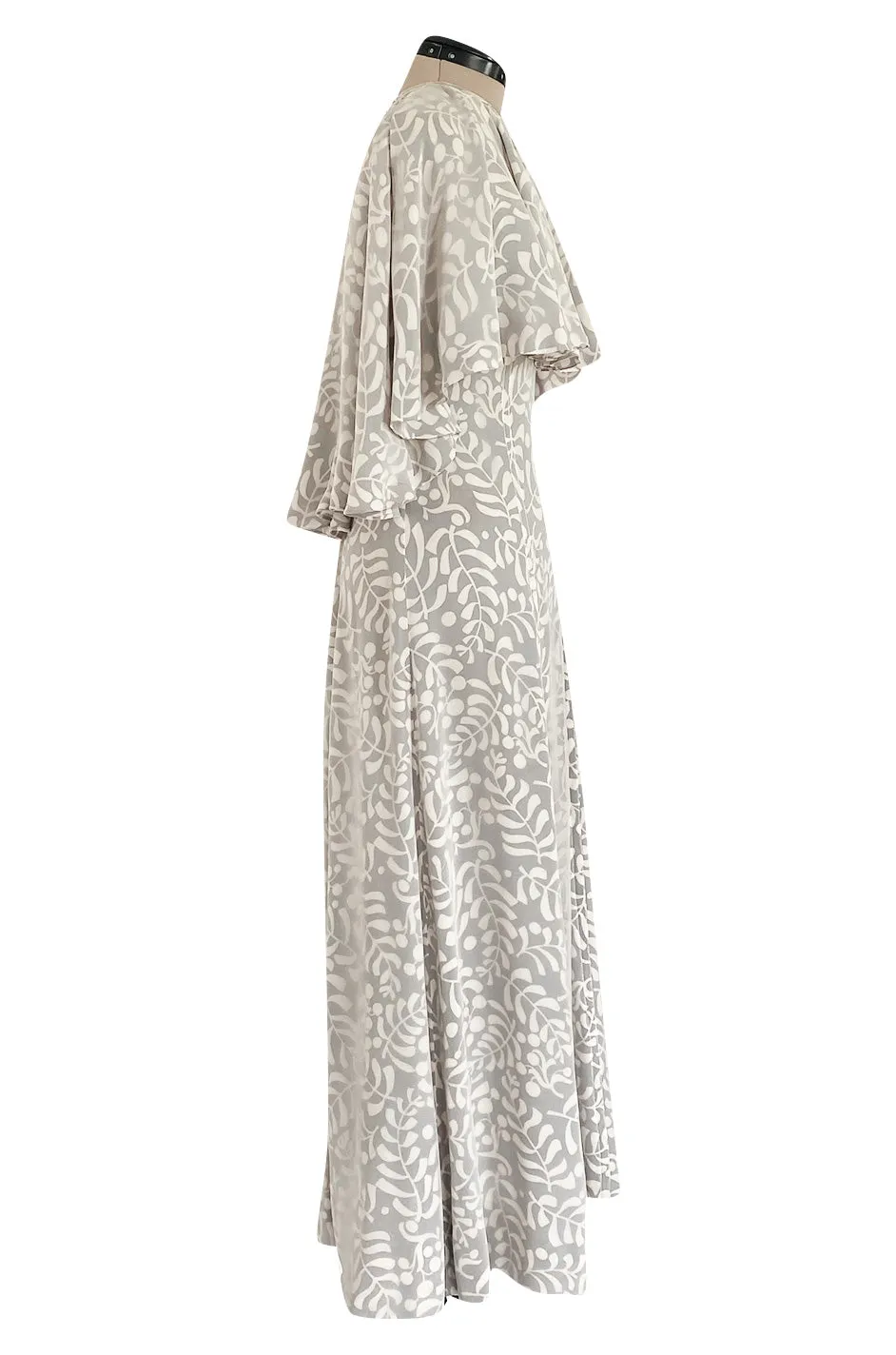 1970s James Galanos Soft Pale Grey & White Floral Print Silk & Silk Chiffon Caped Dress