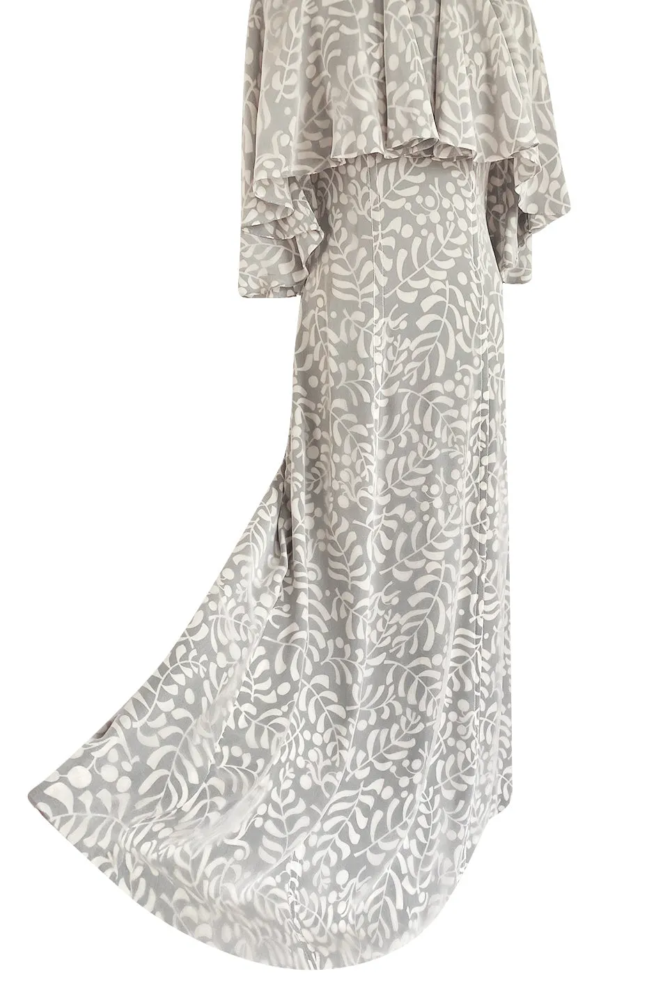 1970s James Galanos Soft Pale Grey & White Floral Print Silk & Silk Chiffon Caped Dress