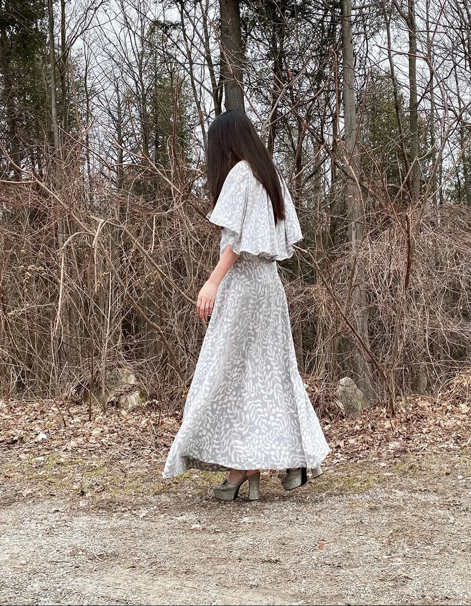 1970s James Galanos Soft Pale Grey & White Floral Print Silk & Silk Chiffon Caped Dress