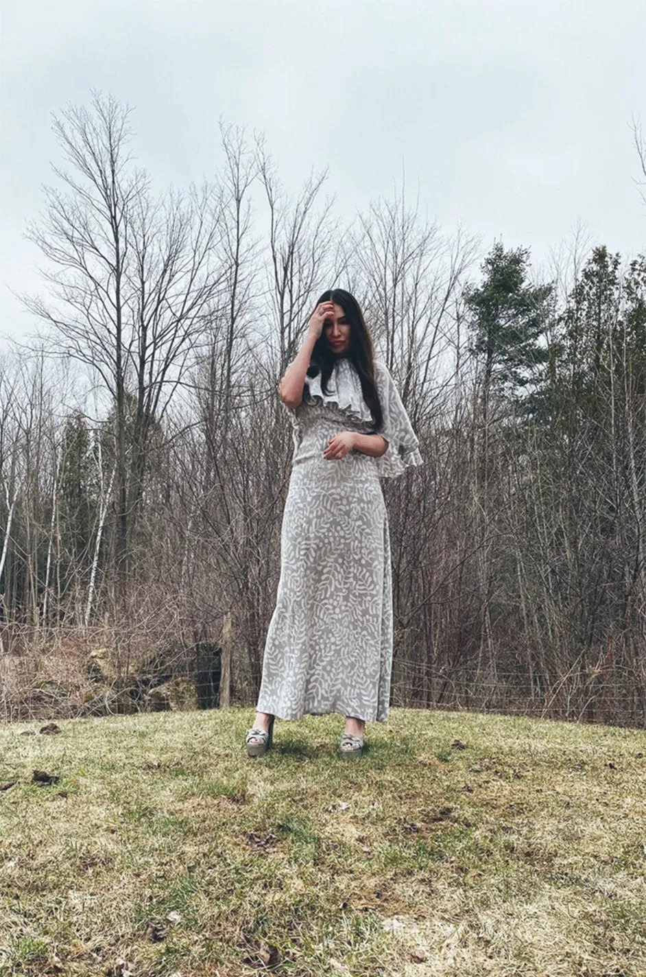 1970s James Galanos Soft Pale Grey & White Floral Print Silk & Silk Chiffon Caped Dress