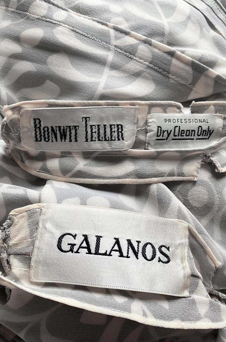 1970s James Galanos Soft Pale Grey & White Floral Print Silk & Silk Chiffon Caped Dress