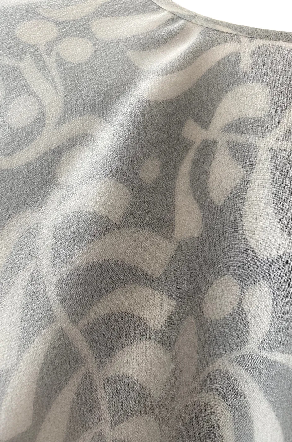 1970s James Galanos Soft Pale Grey & White Floral Print Silk & Silk Chiffon Caped Dress