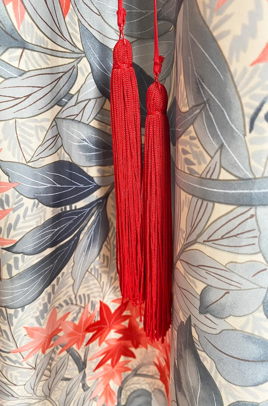 1970s Jean Varon Floral Printed Pale Blue Grey & Red Caftan w Red Piping & Long Tassel Details