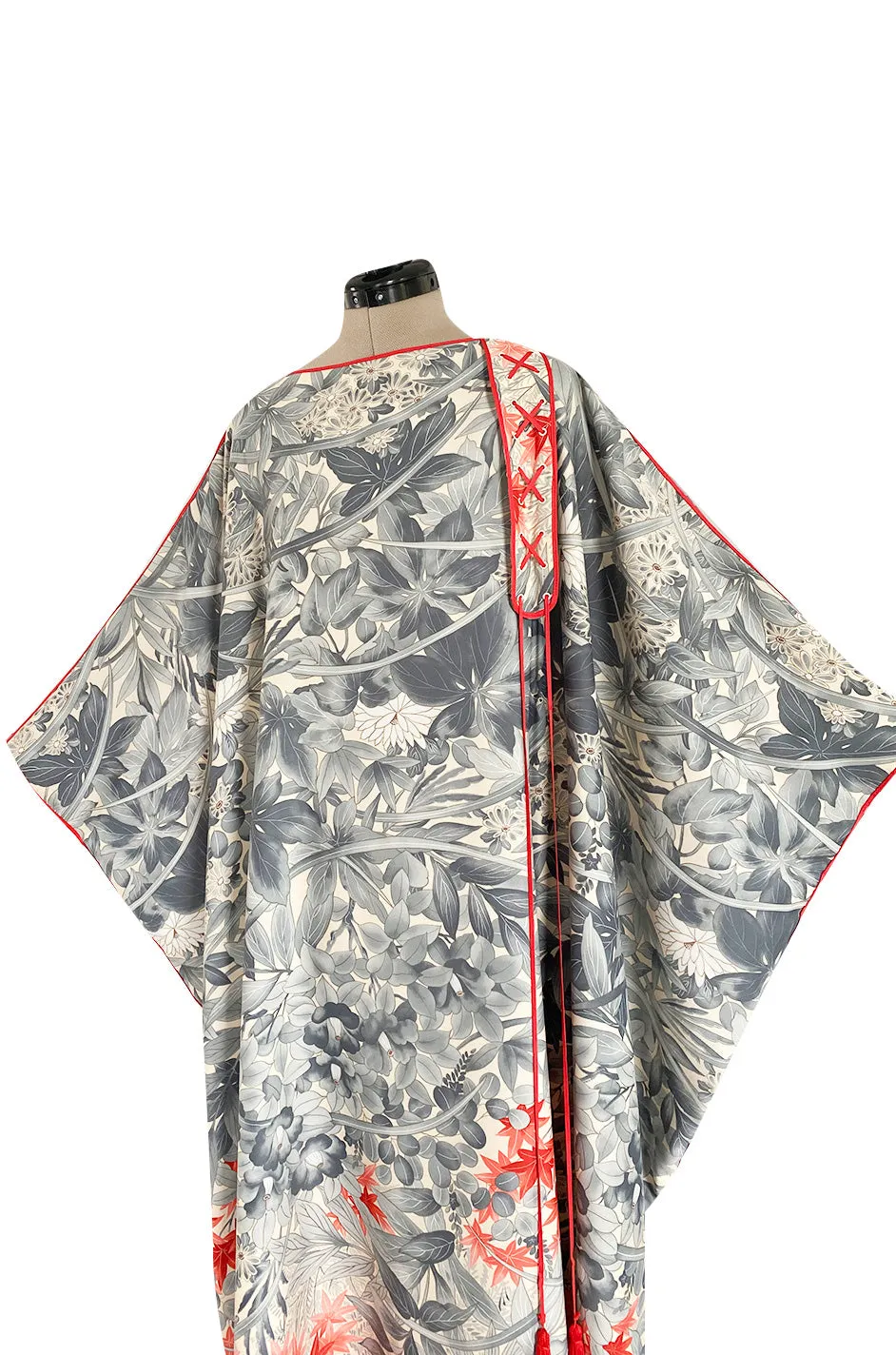 1970s Jean Varon Floral Printed Pale Blue Grey & Red Caftan w Red Piping & Long Tassel Details