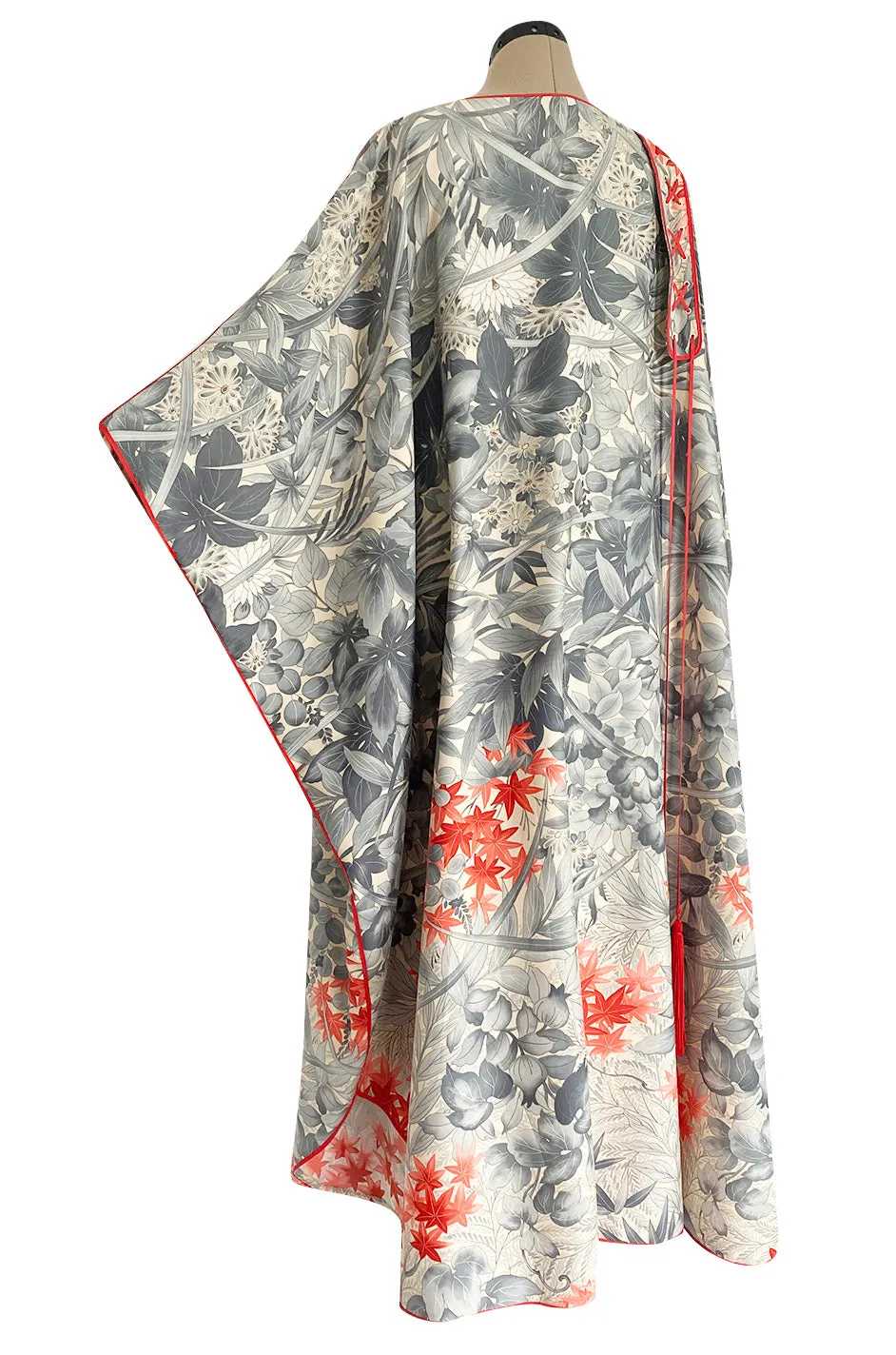 1970s Jean Varon Floral Printed Pale Blue Grey & Red Caftan w Red Piping & Long Tassel Details
