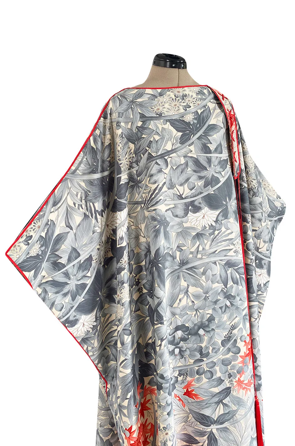 1970s Jean Varon Floral Printed Pale Blue Grey & Red Caftan w Red Piping & Long Tassel Details