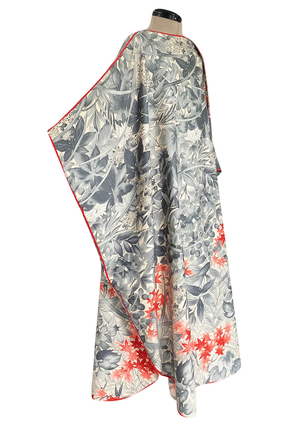1970s Jean Varon Floral Printed Pale Blue Grey & Red Caftan w Red Piping & Long Tassel Details