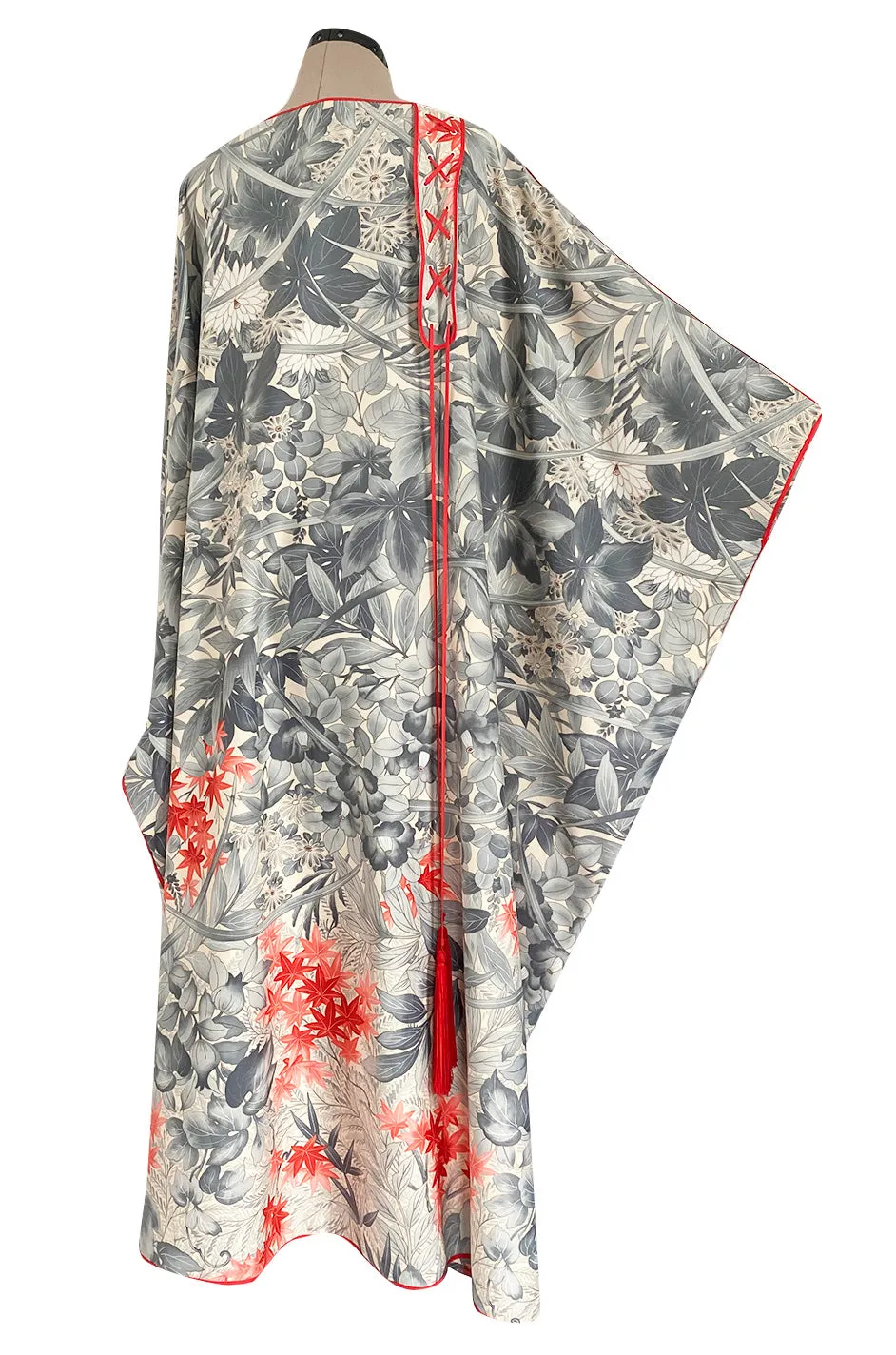 1970s Jean Varon Floral Printed Pale Blue Grey & Red Caftan w Red Piping & Long Tassel Details