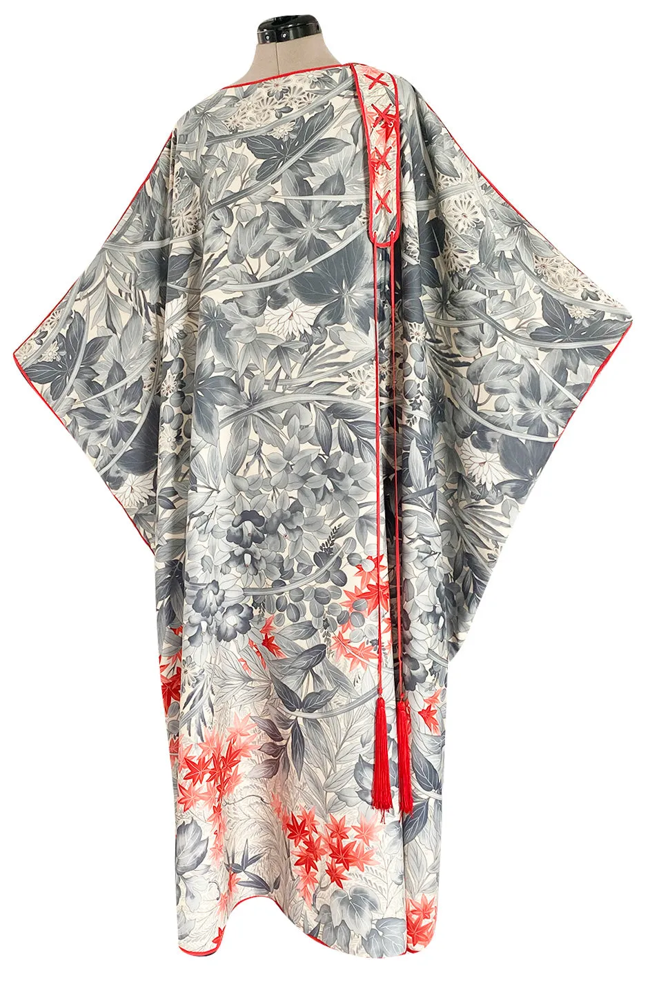 1970s Jean Varon Floral Printed Pale Blue Grey & Red Caftan w Red Piping & Long Tassel Details