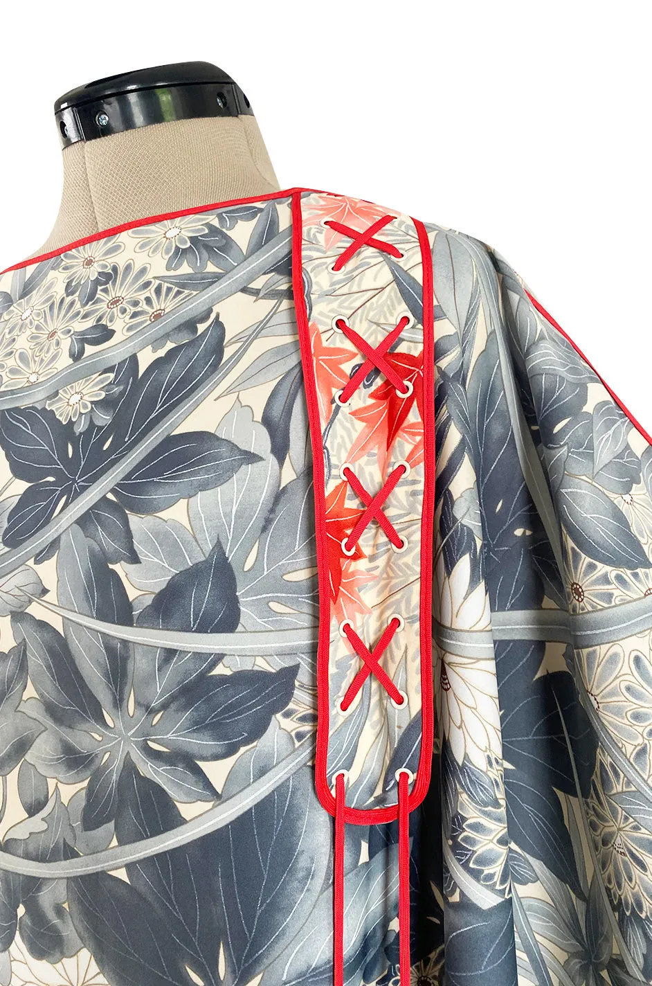 1970s Jean Varon Floral Printed Pale Blue Grey & Red Caftan w Red Piping & Long Tassel Details