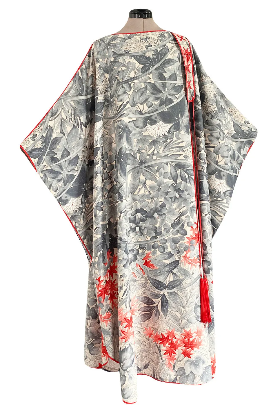 1970s Jean Varon Floral Printed Pale Blue Grey & Red Caftan w Red Piping & Long Tassel Details