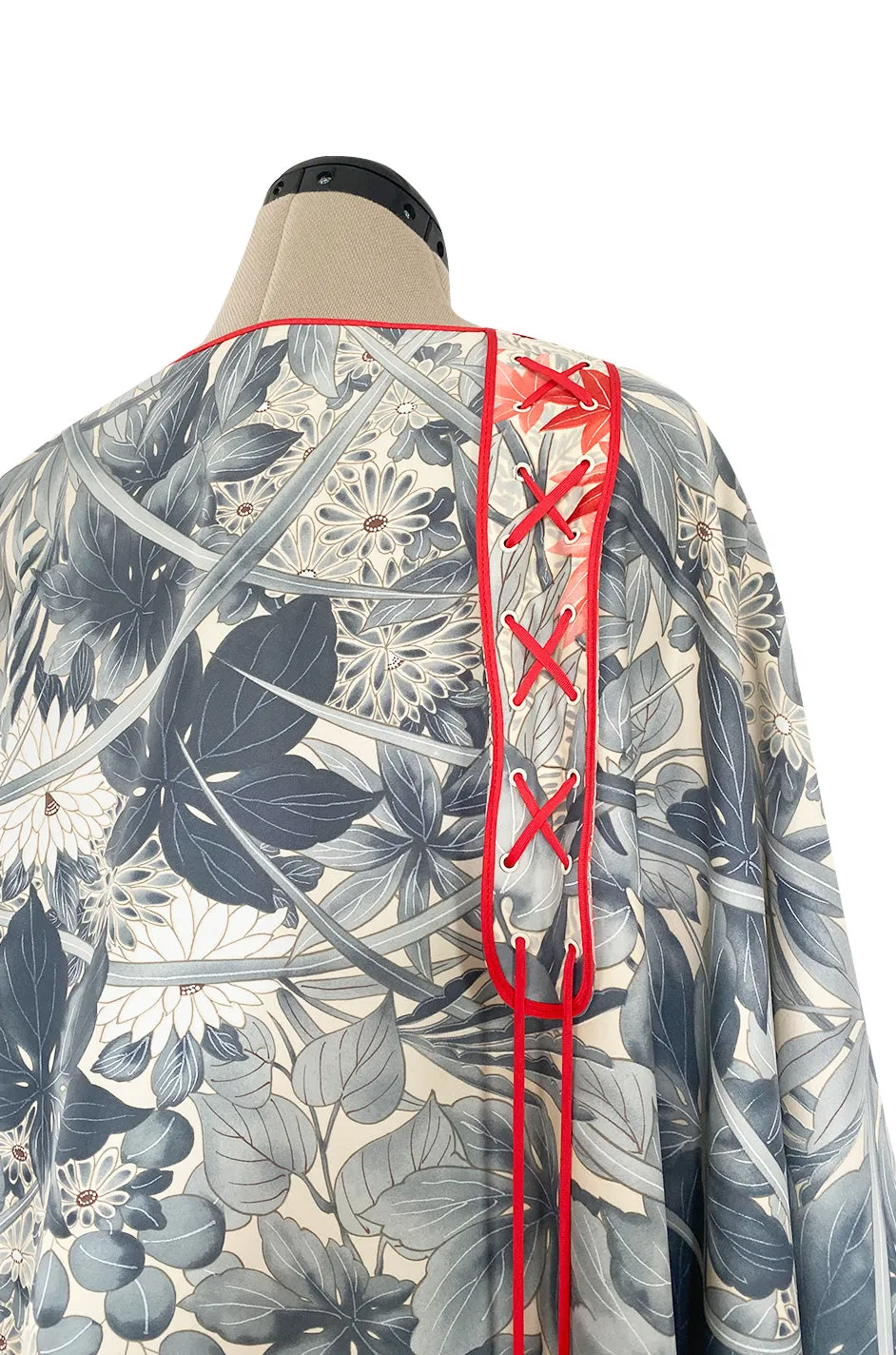 1970s Jean Varon Floral Printed Pale Blue Grey & Red Caftan w Red Piping & Long Tassel Details