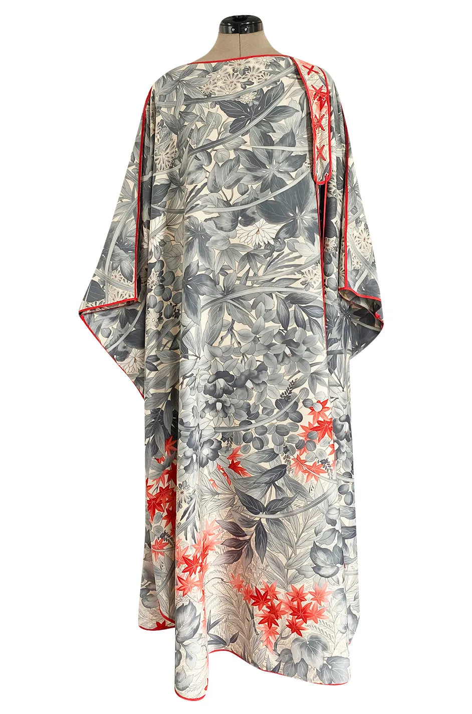 1970s Jean Varon Floral Printed Pale Blue Grey & Red Caftan w Red Piping & Long Tassel Details