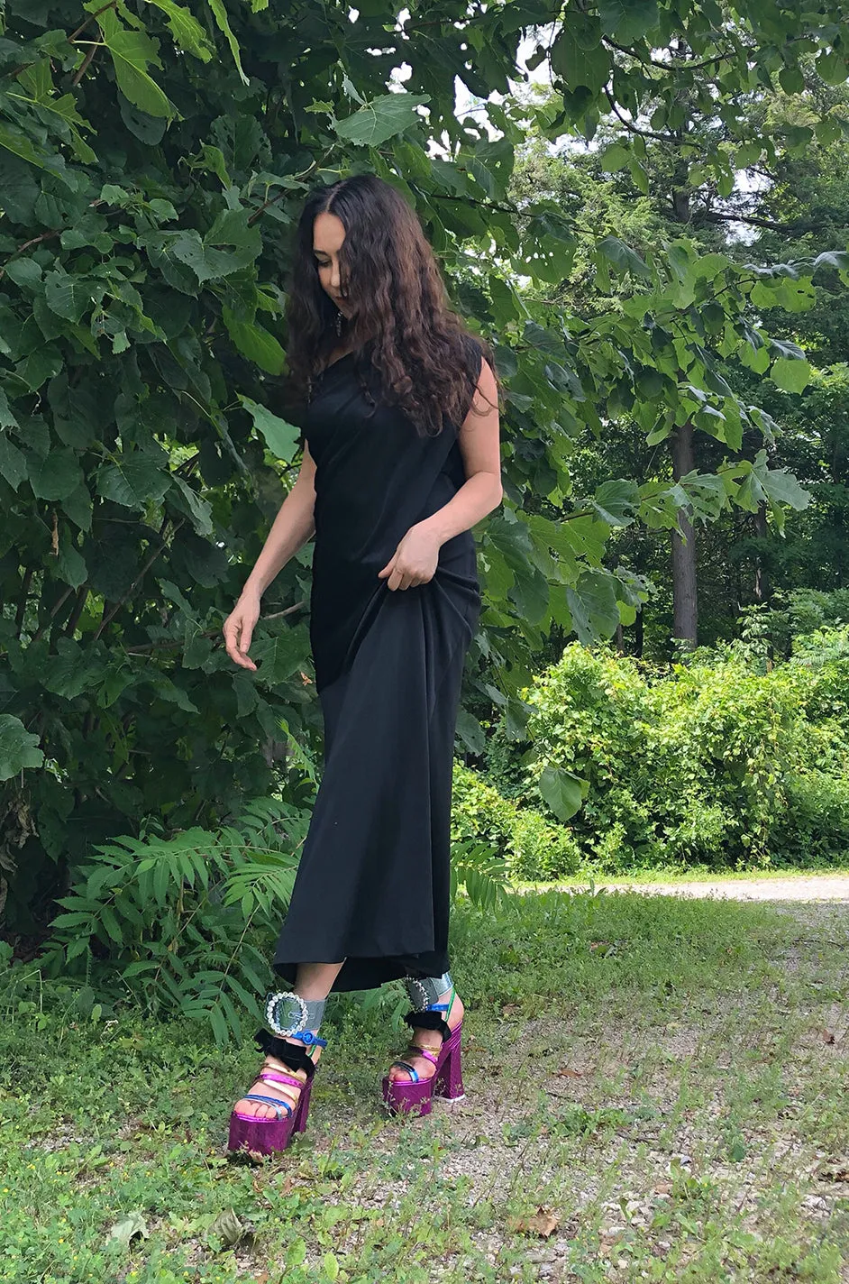 1970s Joy Stevens Black Jersey Draped One Shoulder Dress