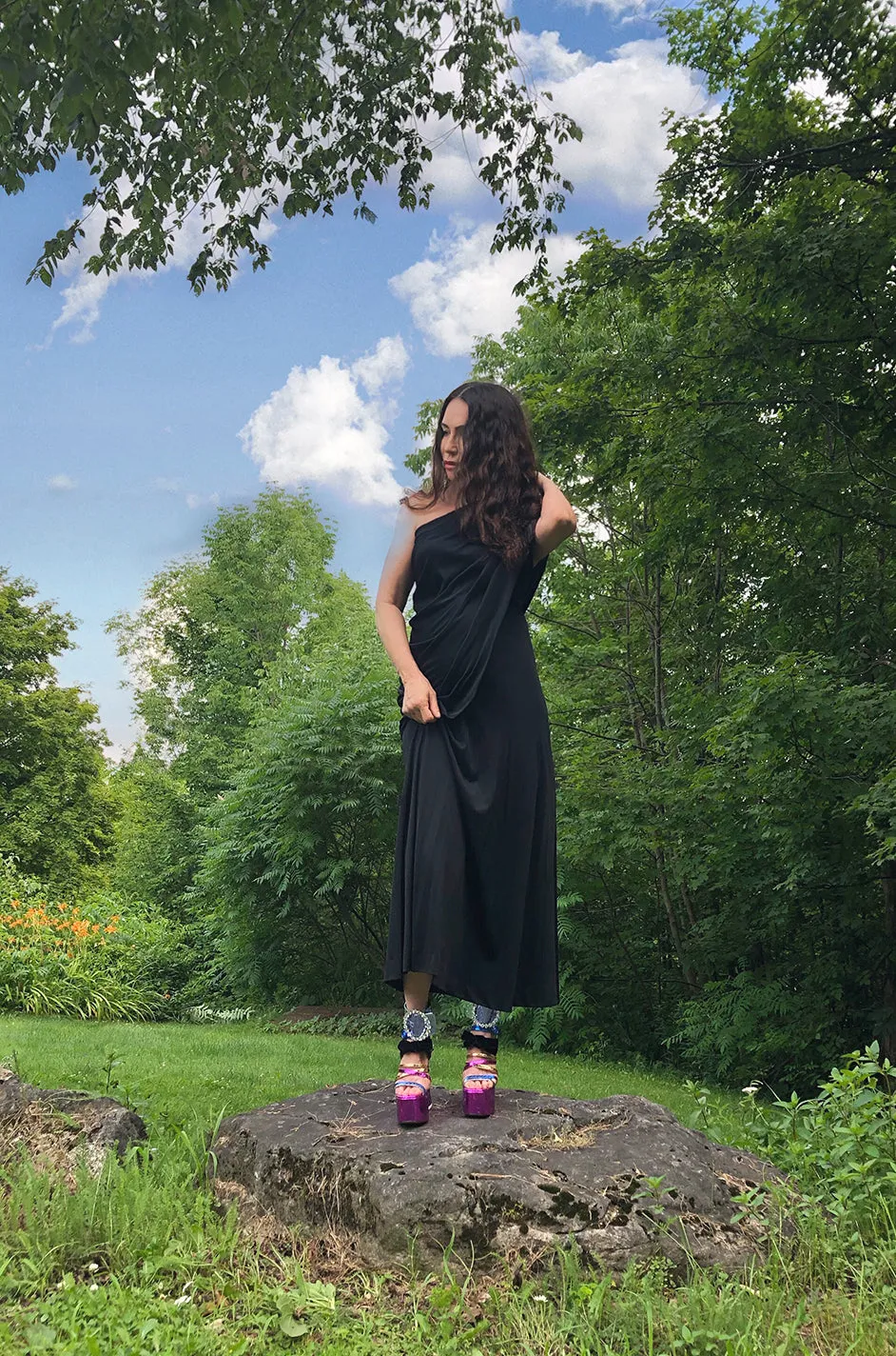 1970s Joy Stevens Black Jersey Draped One Shoulder Dress