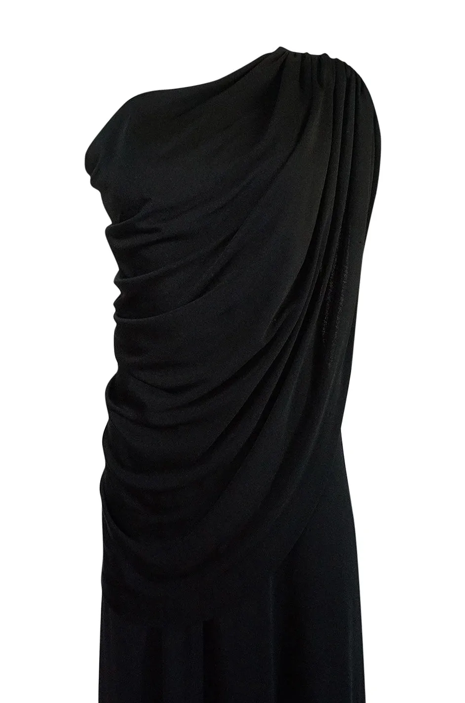 1970s Joy Stevens Black Jersey Draped One Shoulder Dress