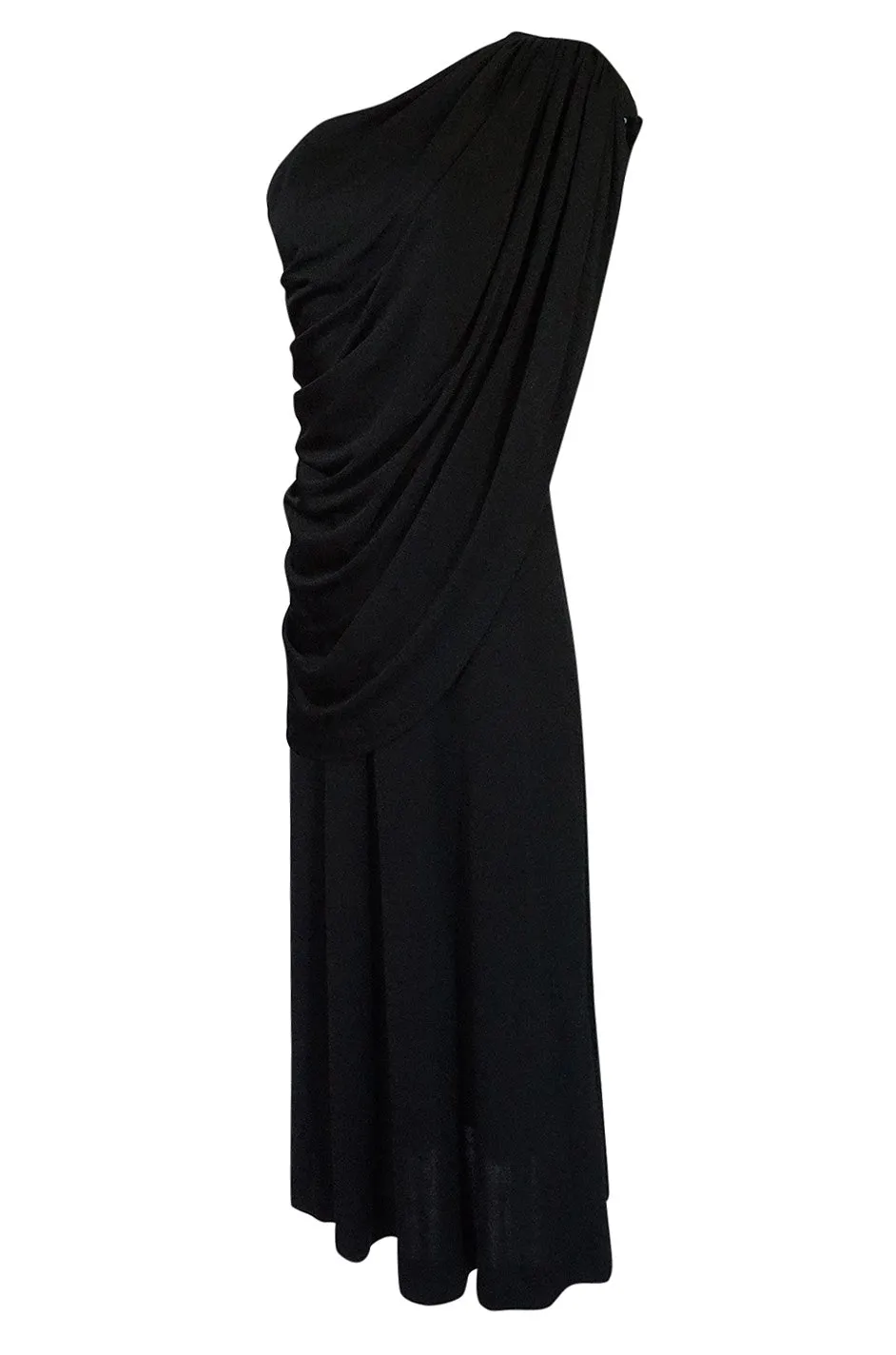 1970s Joy Stevens Black Jersey Draped One Shoulder Dress
