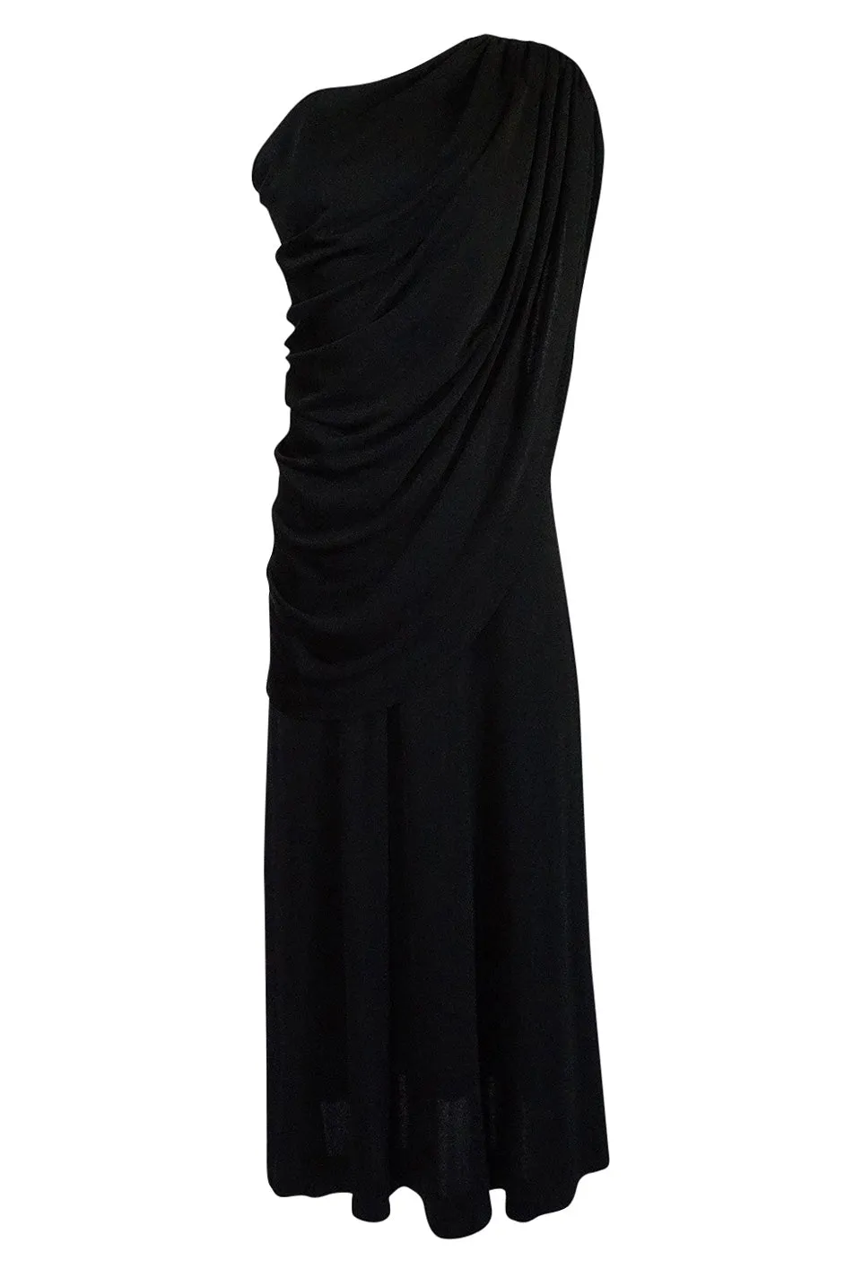 1970s Joy Stevens Black Jersey Draped One Shoulder Dress