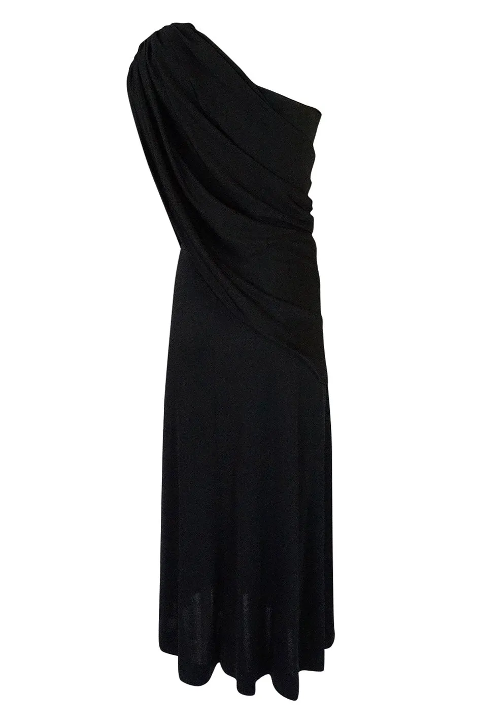 1970s Joy Stevens Black Jersey Draped One Shoulder Dress