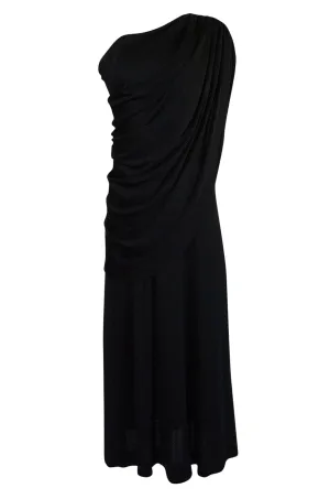 1970s Joy Stevens Black Jersey Draped One Shoulder Dress