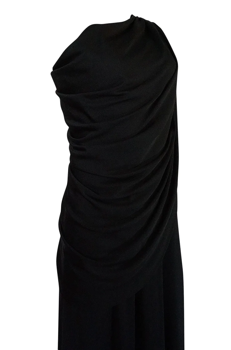 1970s Joy Stevens Black Jersey Draped One Shoulder Dress
