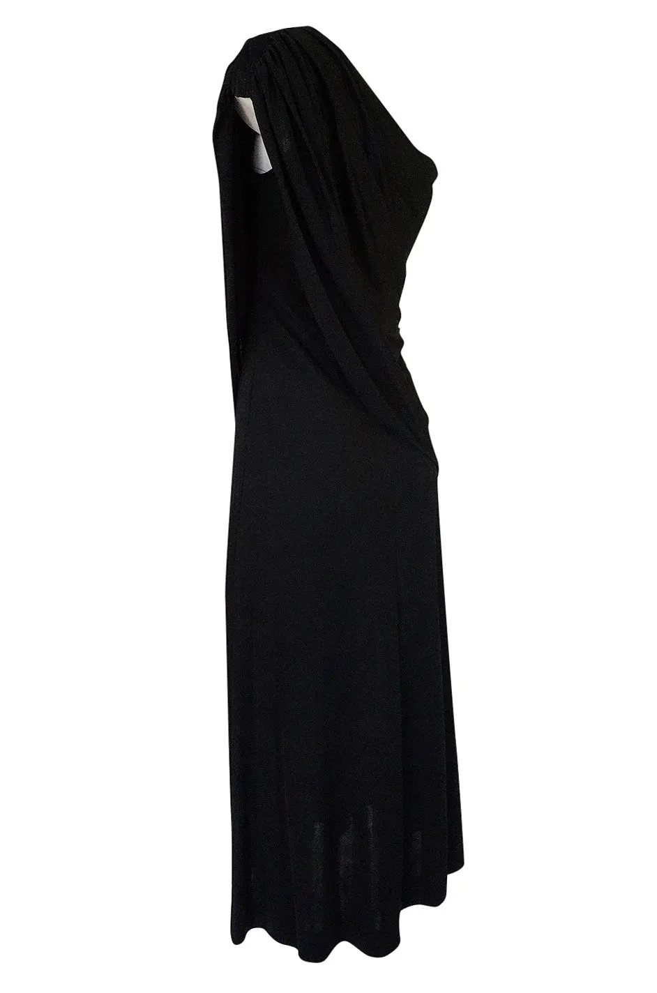 1970s Joy Stevens Black Jersey Draped One Shoulder Dress