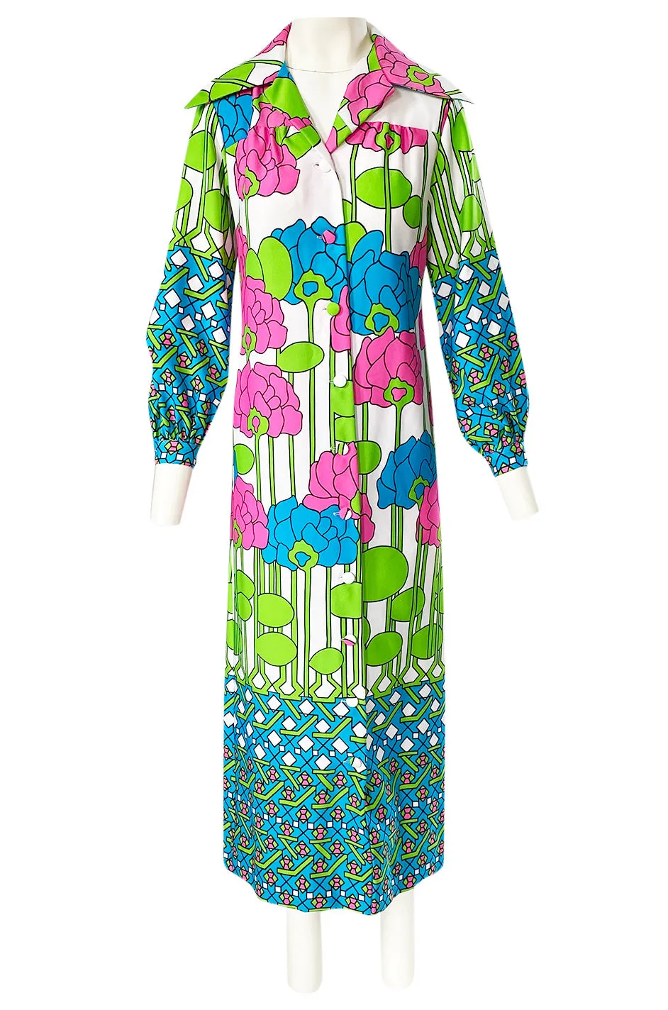 1970s Lanvin Mod Op Art Oversized Floral Print Jersey Shirt Dress