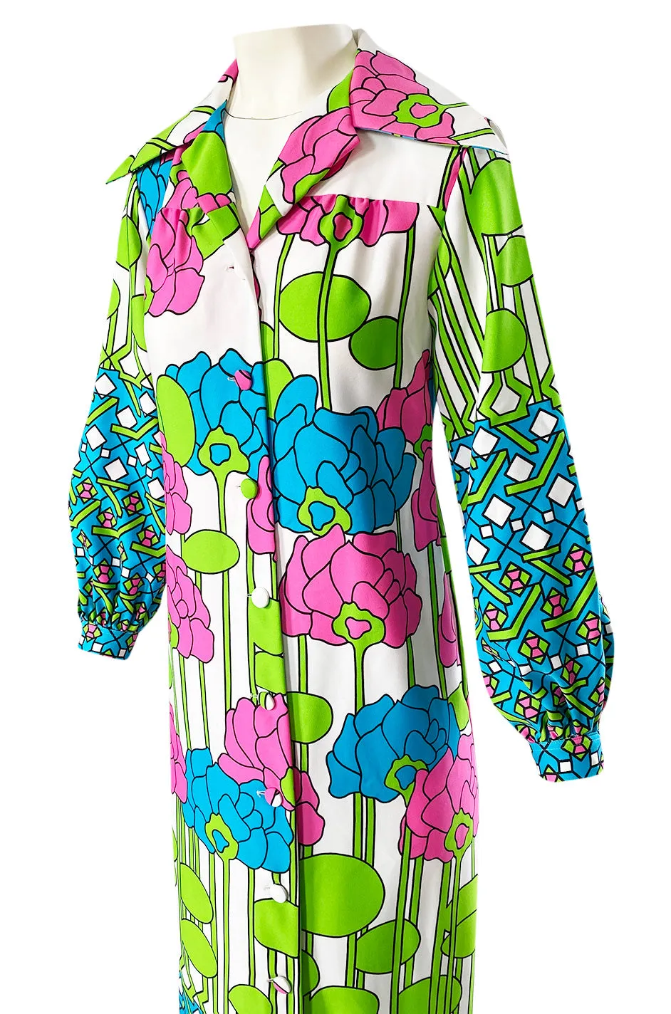 1970s Lanvin Mod Op Art Oversized Floral Print Jersey Shirt Dress