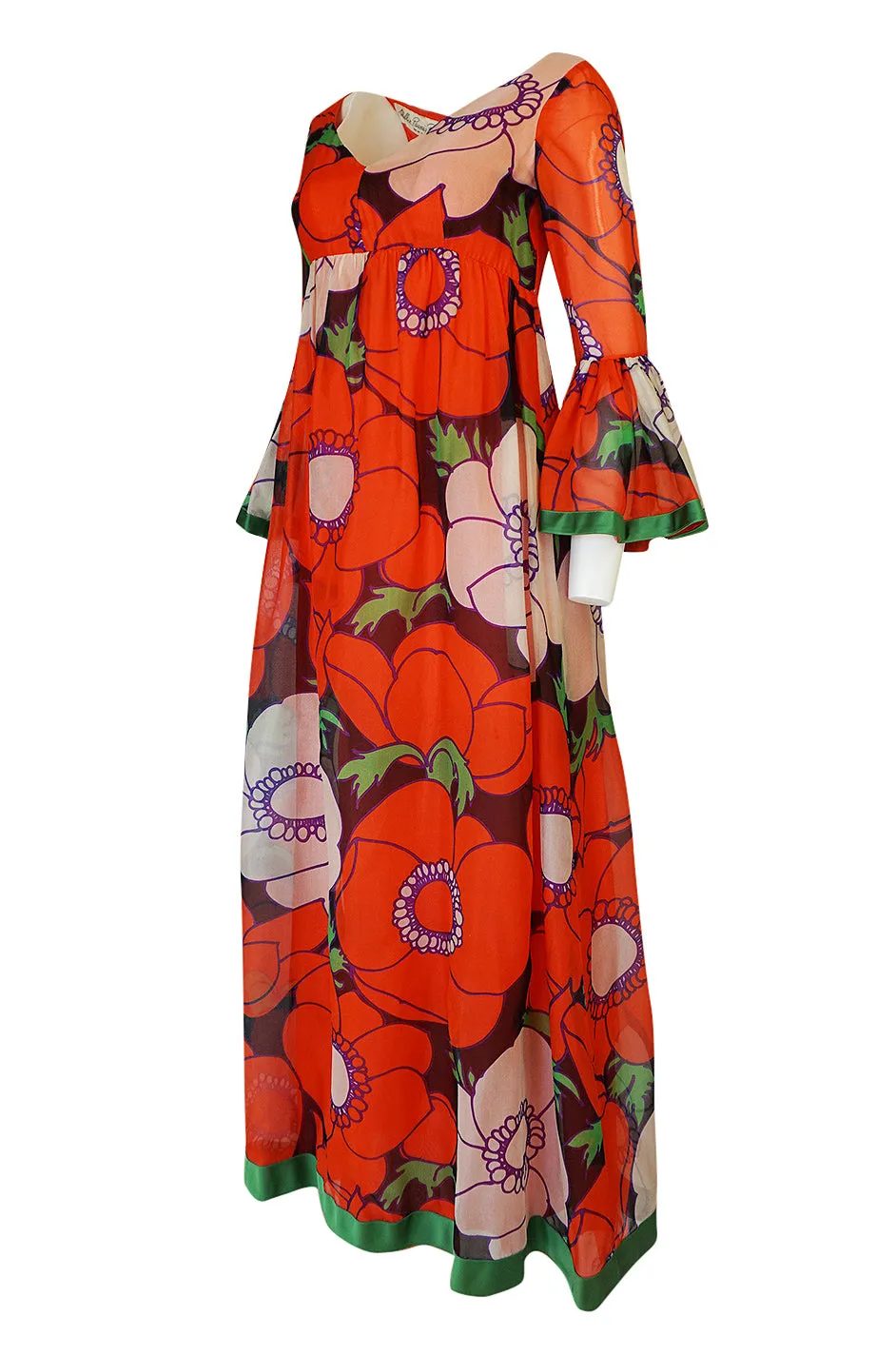 1970s Mollie Parnis Huge Floral Print Silk Organza Dress