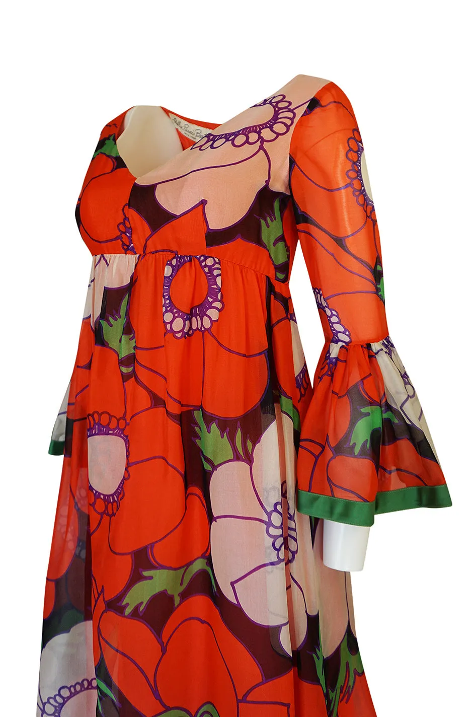 1970s Mollie Parnis Huge Floral Print Silk Organza Dress