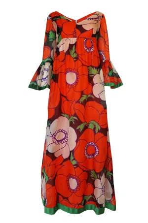 1970s Mollie Parnis Huge Floral Print Silk Organza Dress