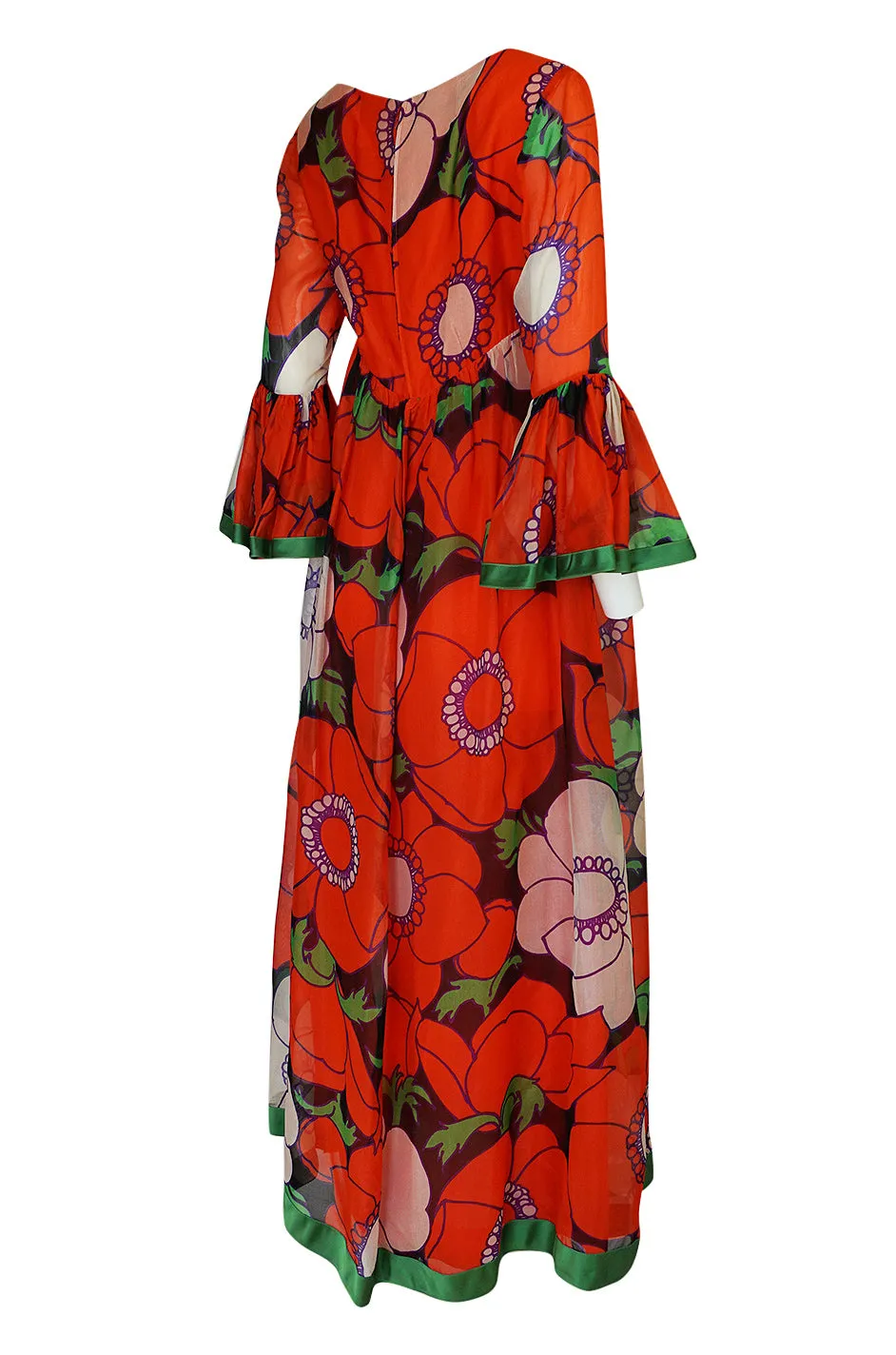 1970s Mollie Parnis Huge Floral Print Silk Organza Dress