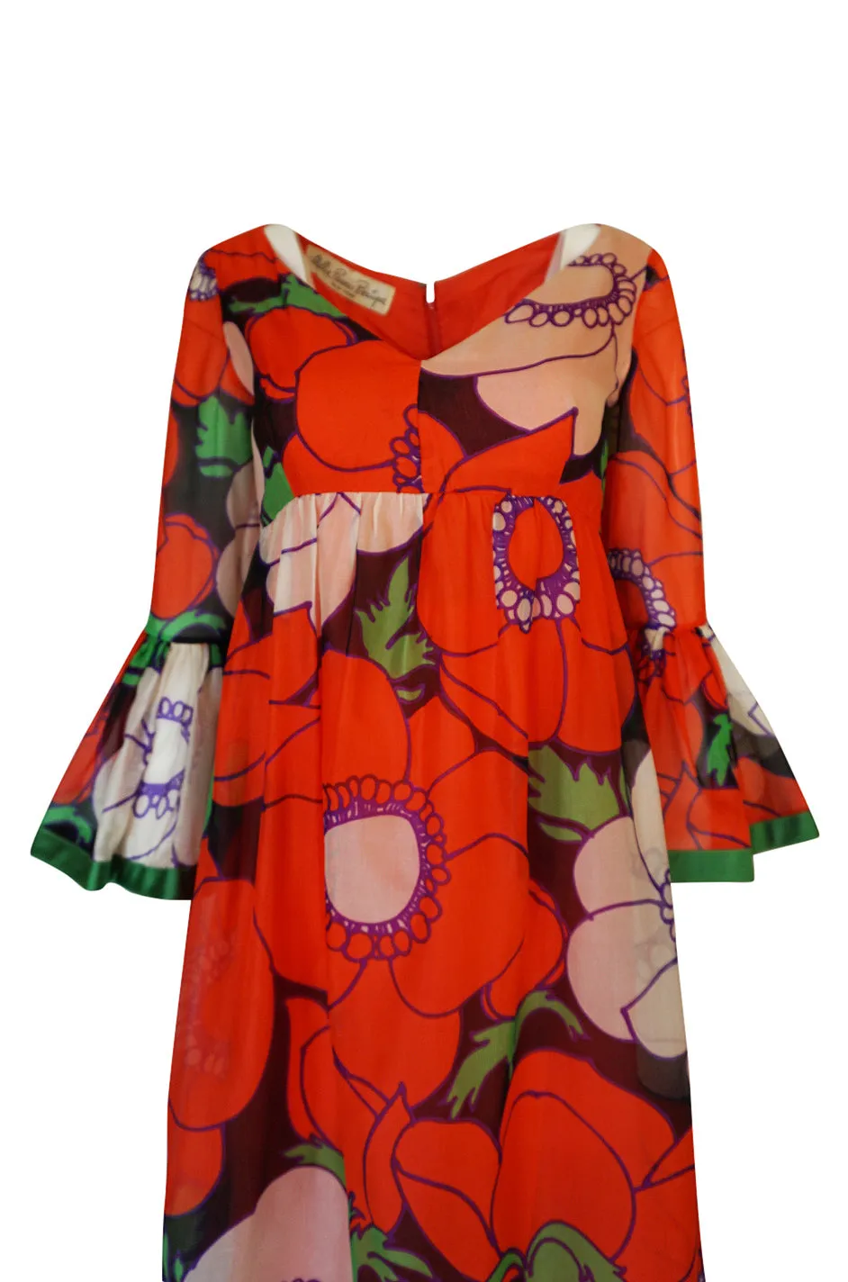 1970s Mollie Parnis Huge Floral Print Silk Organza Dress