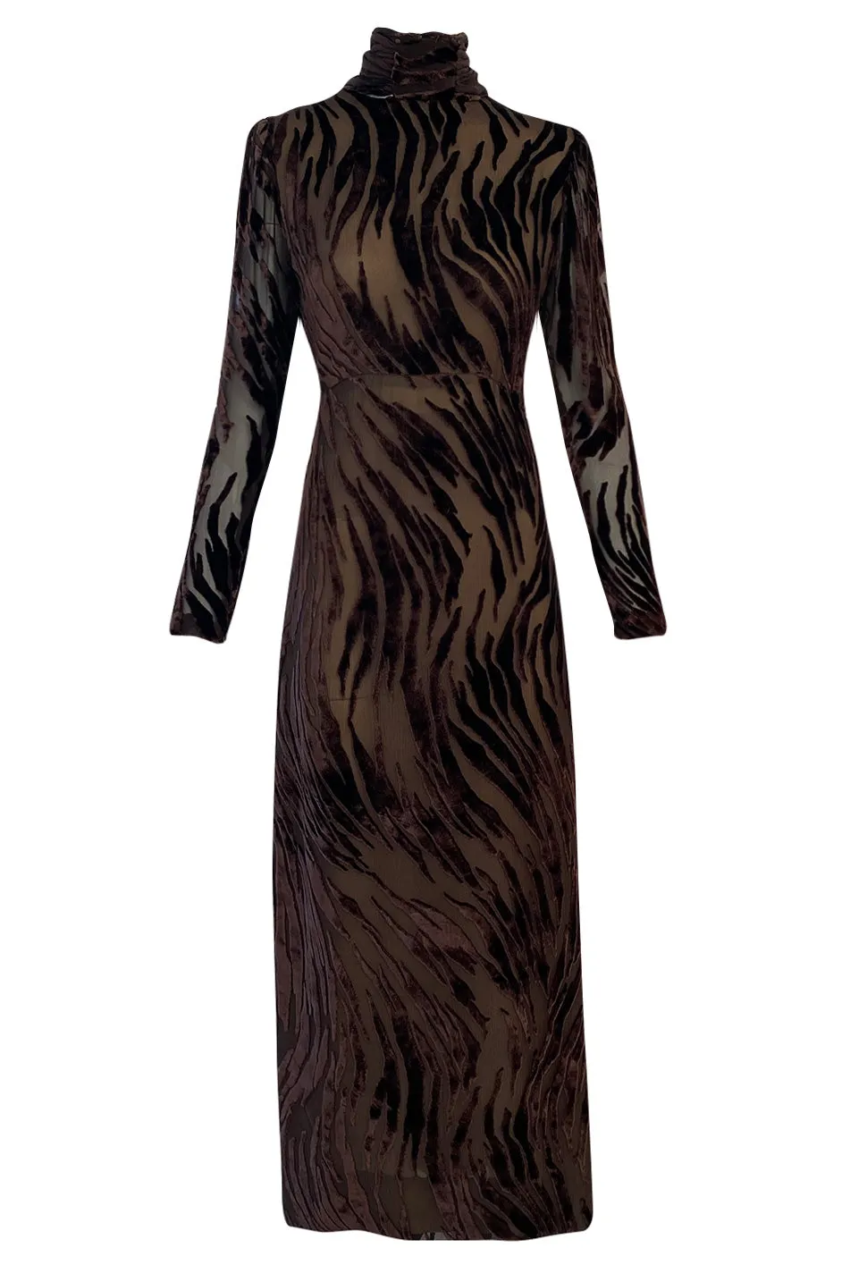 1970s Pauline Trigere Fused Velvet & Chocolate Silk Chiffon Dress w Attached Tie at Neck