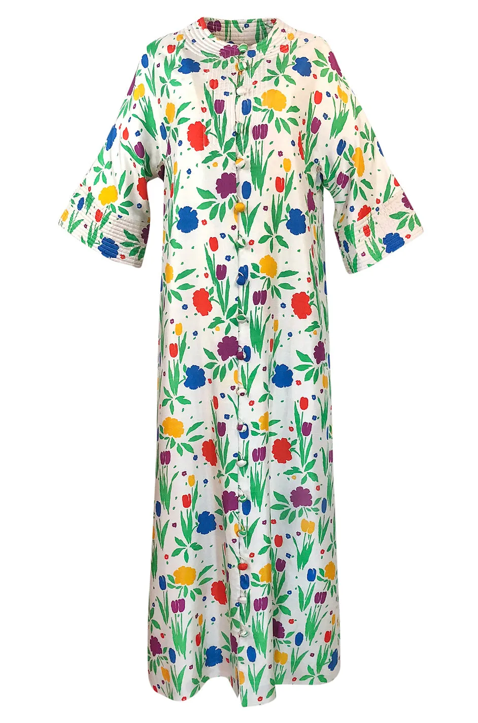 1970s Pierre Balmain Brilliant Floral Print Thai Silk Caftan Dress