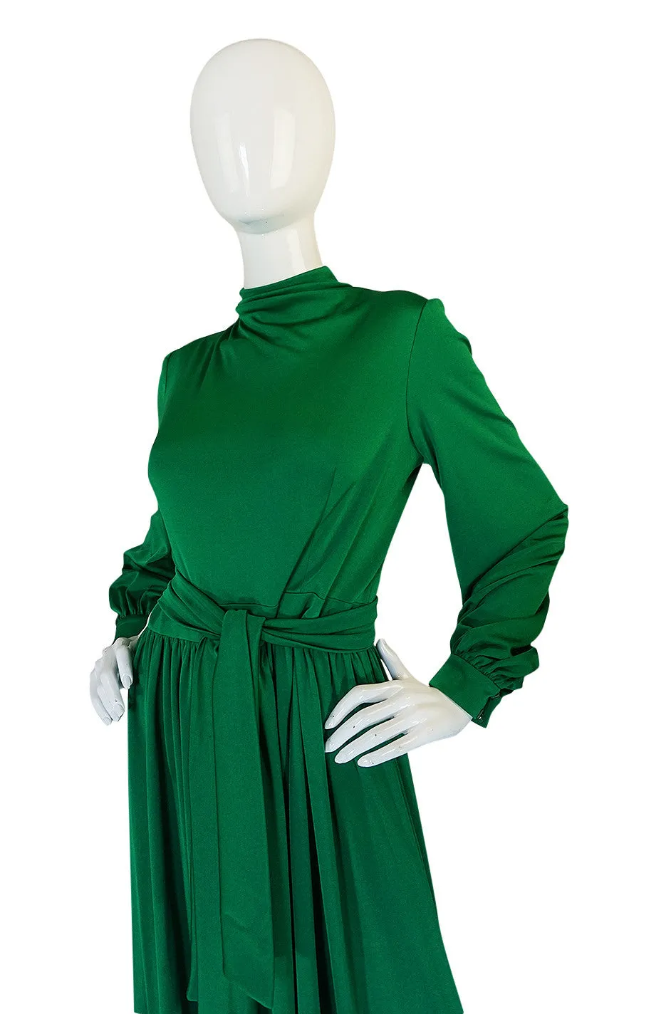 1970s Silk Jersey Emerald Green La Mendola Maxi Dress