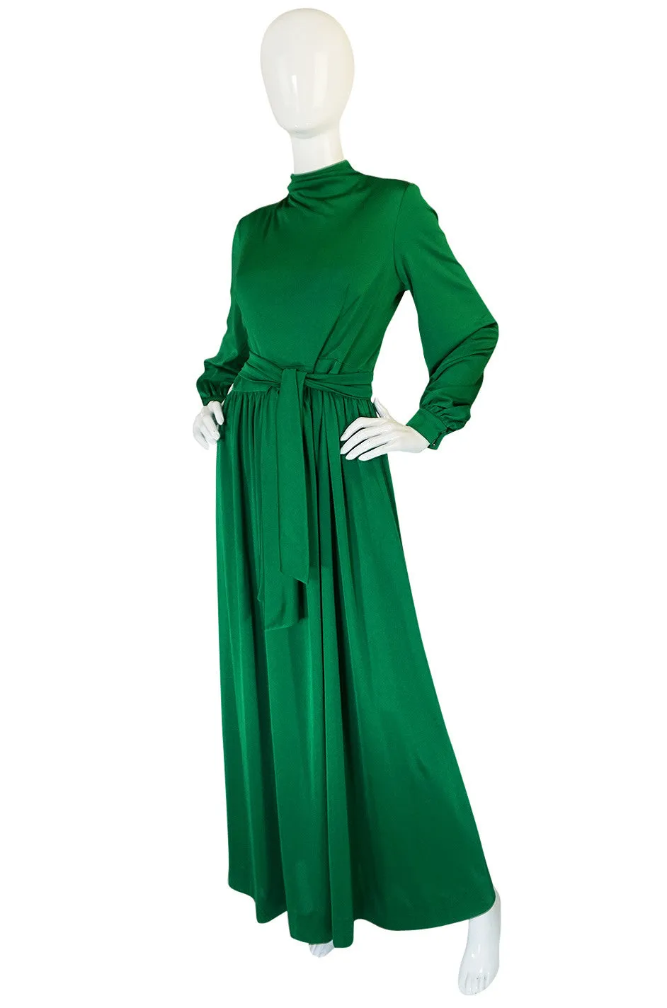 1970s Silk Jersey Emerald Green La Mendola Maxi Dress