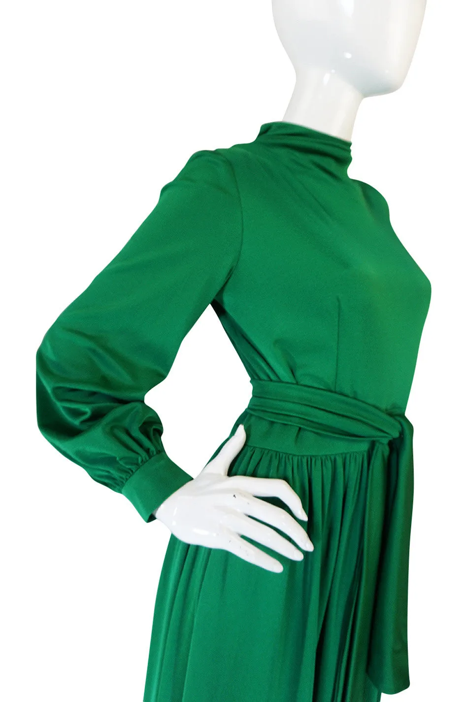 1970s Silk Jersey Emerald Green La Mendola Maxi Dress