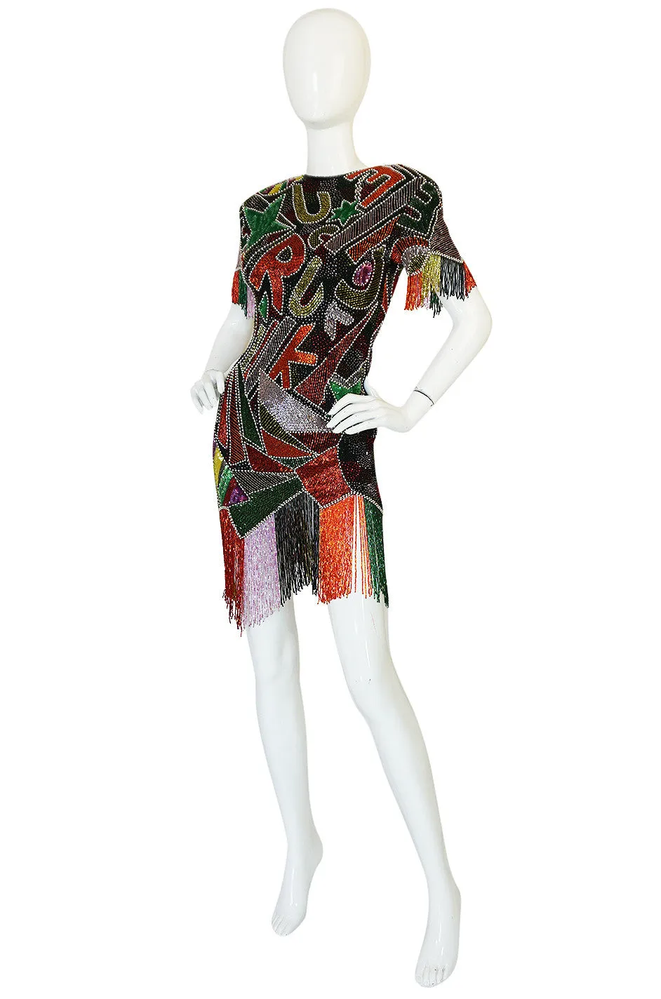 1980s Lillie Rubin Low Back Beaded Fringe Dress