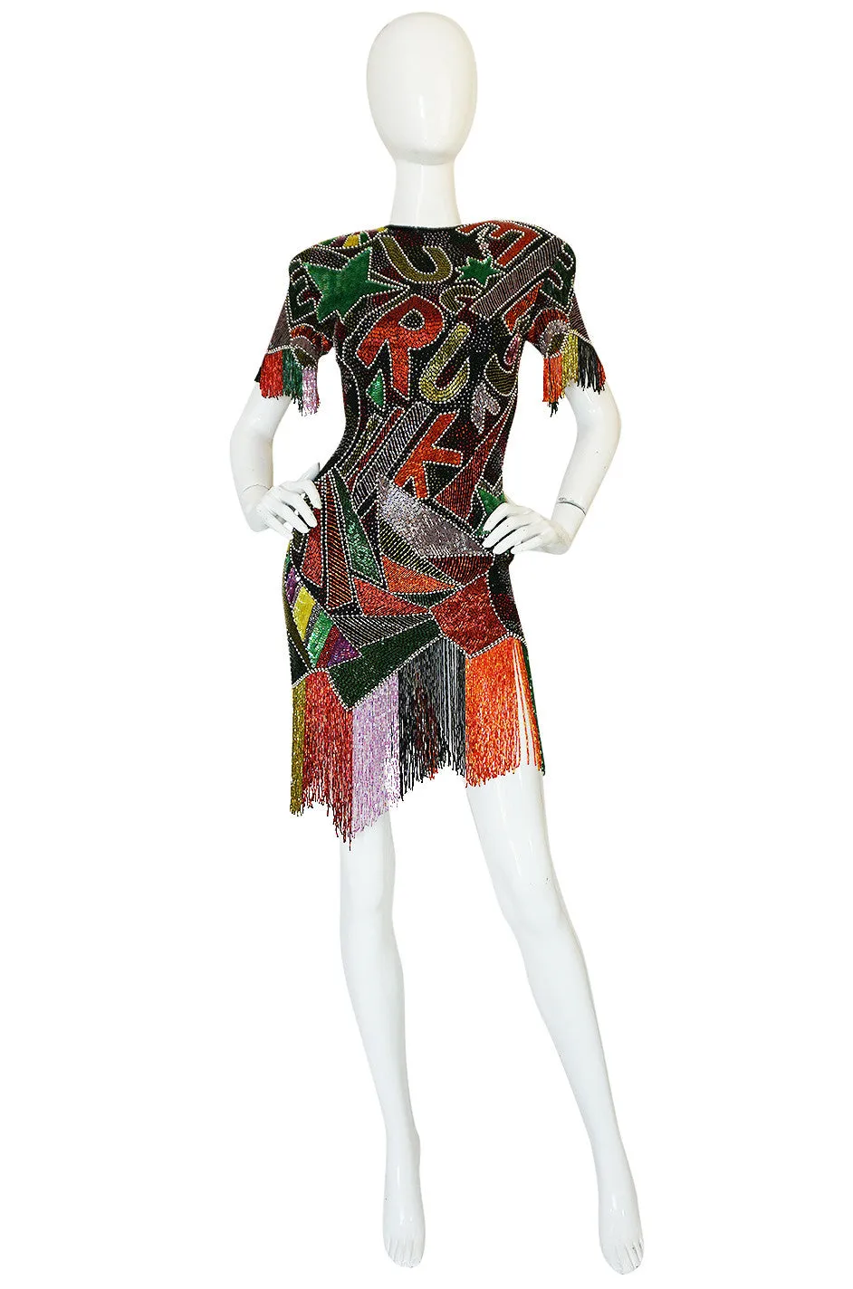 1980s Lillie Rubin Low Back Beaded Fringe Dress
