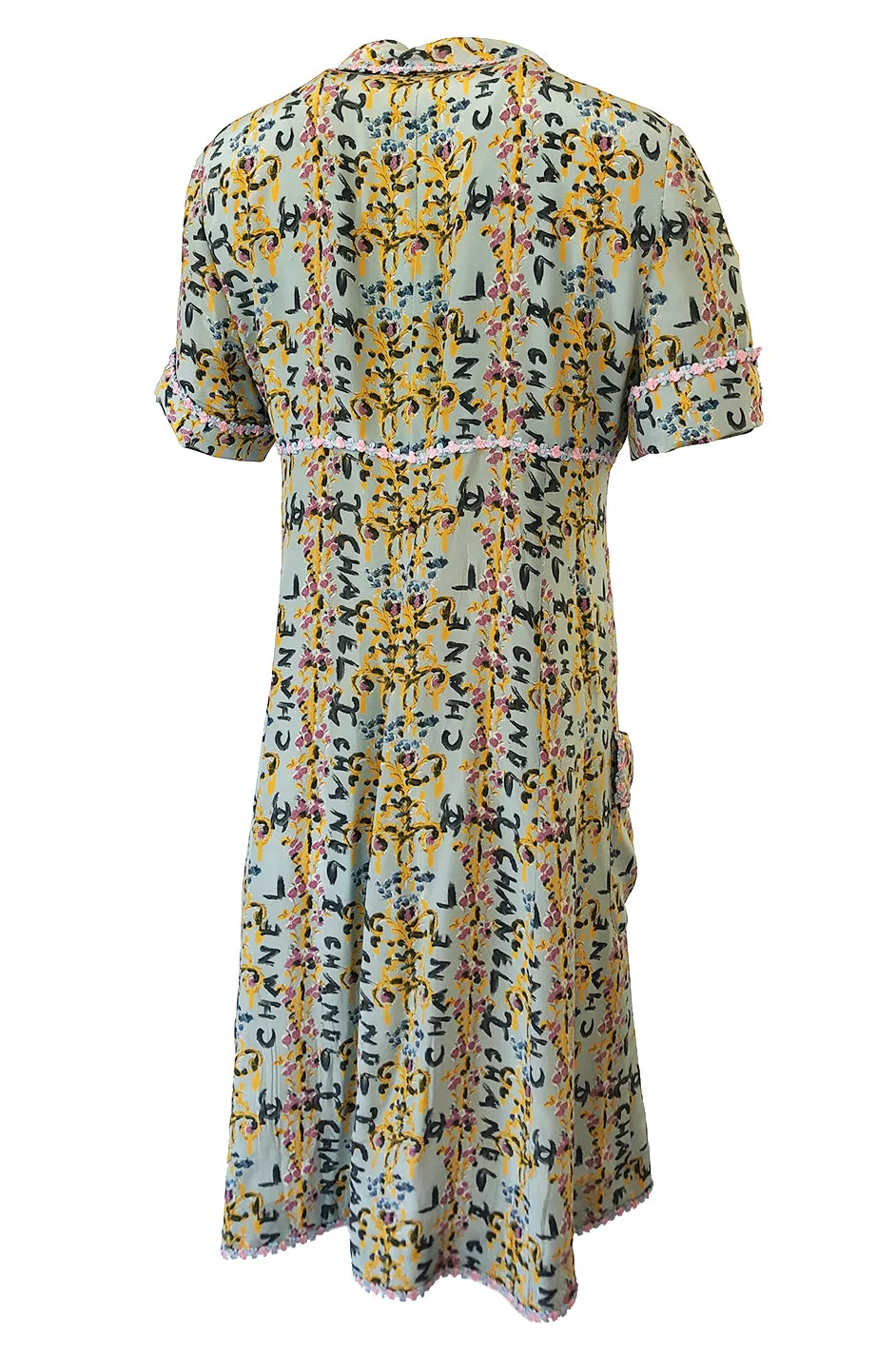 1990s Chanel Logo Printed Blue Silk Dress w Pink & Blue Floral Ribbon Trim
