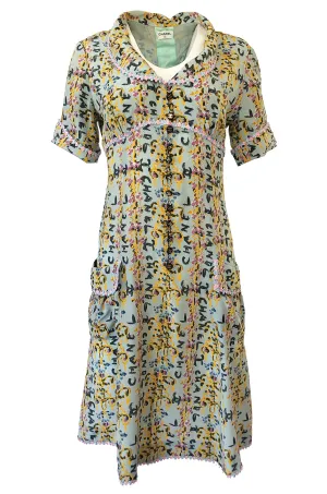 1990s Chanel Logo Printed Blue Silk Dress w Pink & Blue Floral Ribbon Trim