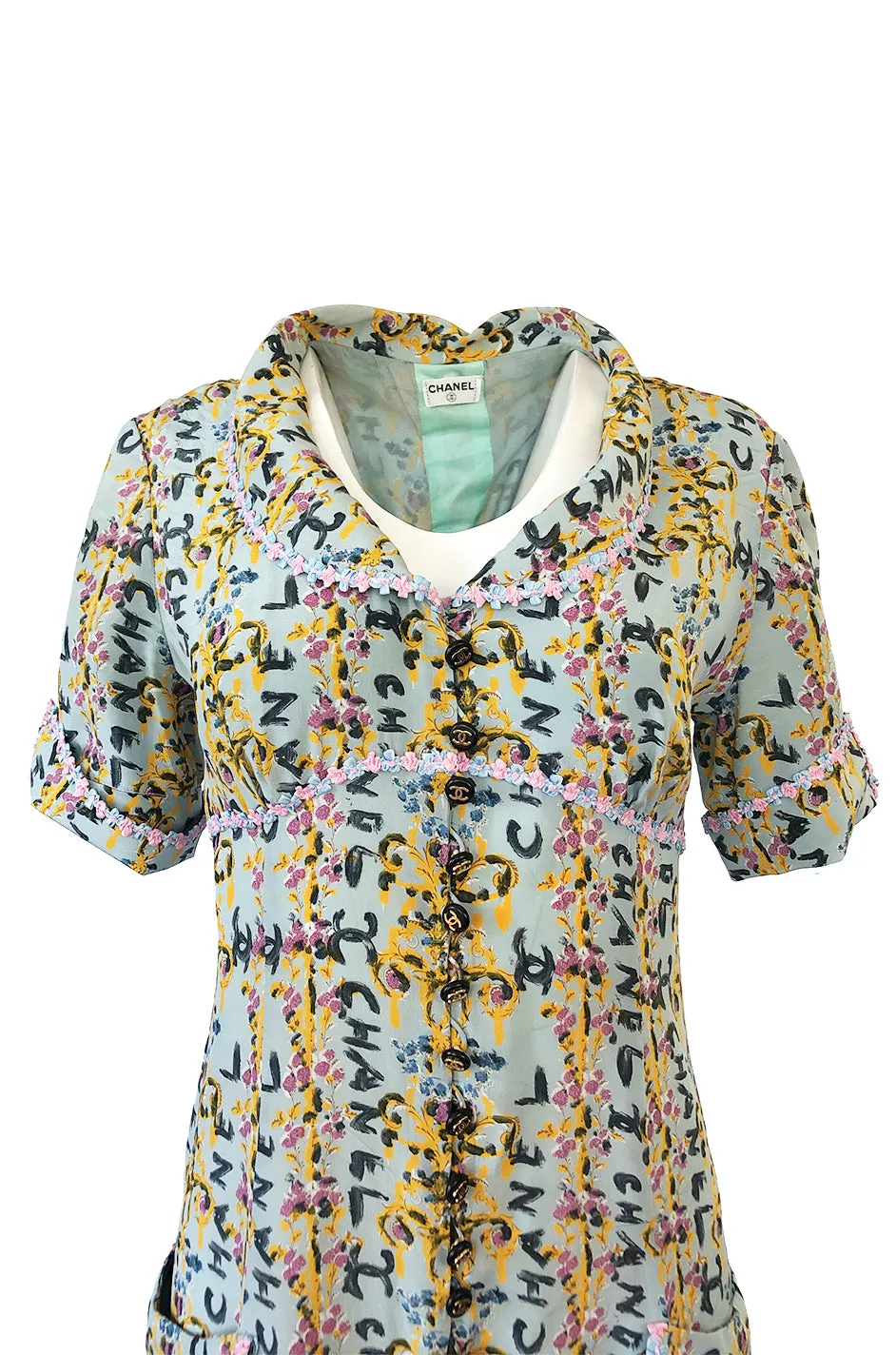 1990s Chanel Logo Printed Blue Silk Dress w Pink & Blue Floral Ribbon Trim