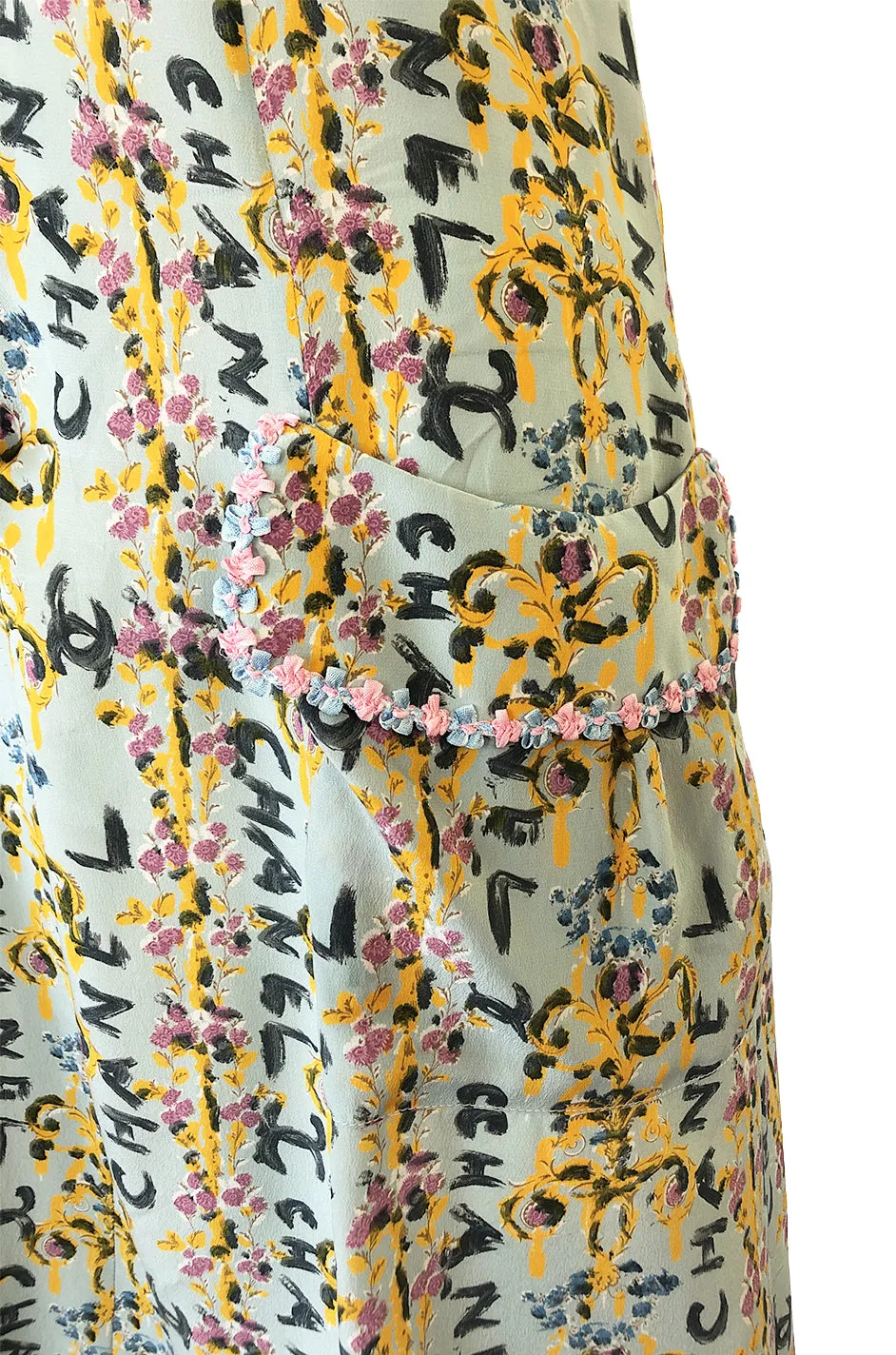 1990s Chanel Logo Printed Blue Silk Dress w Pink & Blue Floral Ribbon Trim
